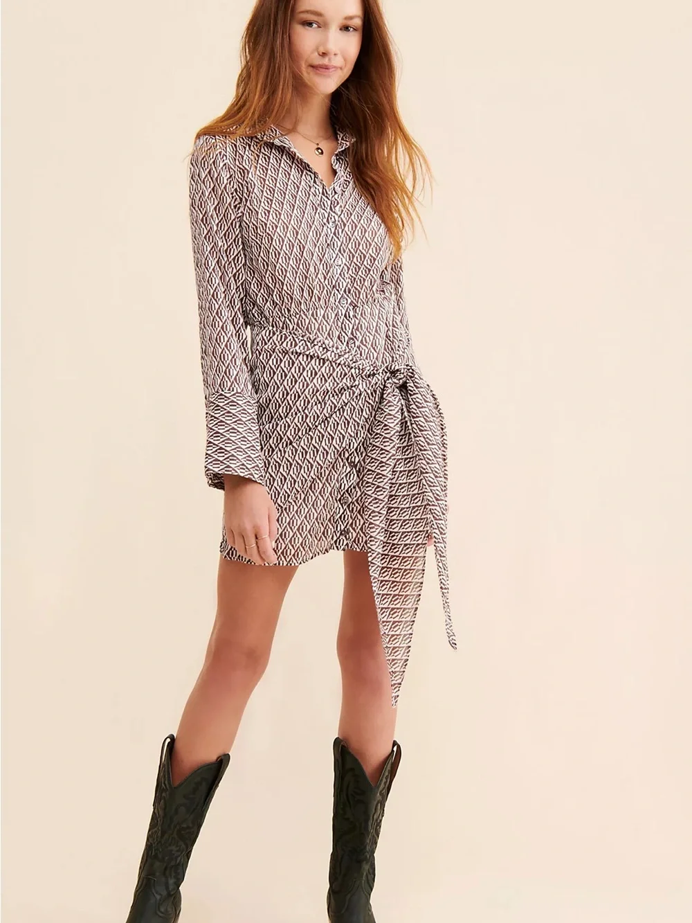 Free People Rillo Mini Tie-Waist Shirtdress Brown & Cream Geometric Print Size S